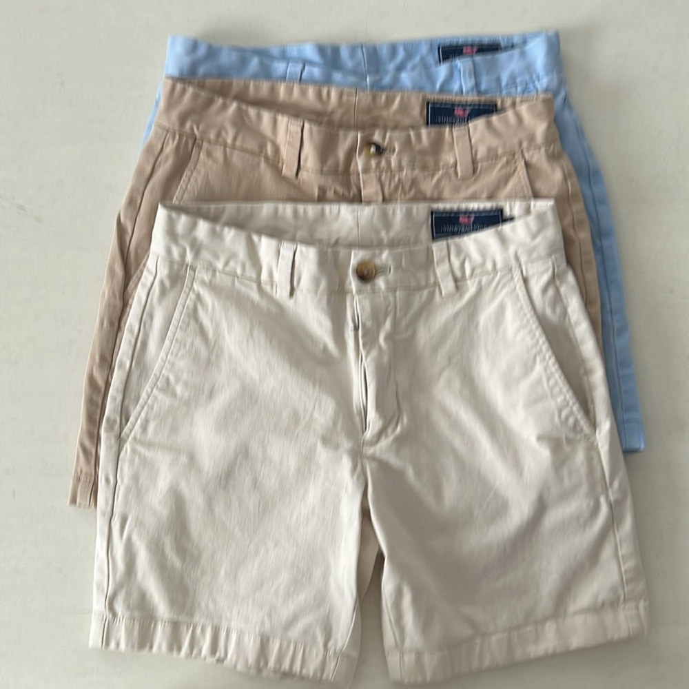 Vineyard Vines Men’s Flat Front Shorts — Cream, Tan, Light Blue - Picture 2 of 3